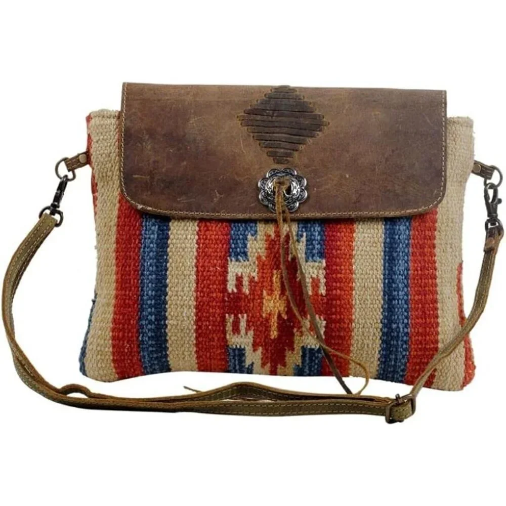 Leather & Canvas Crossbody Bag Small Lightweight Multiple Pockets
